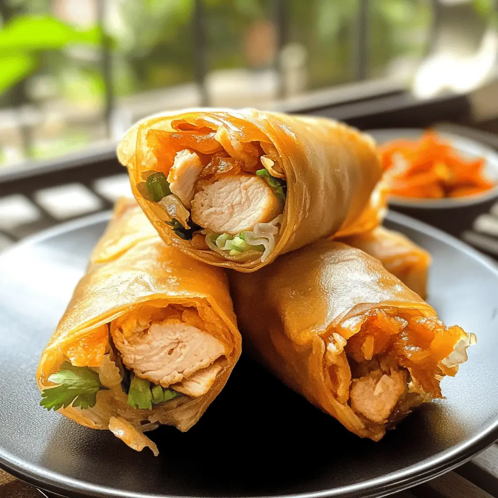 Crispy and packed with flavor, these Chicken Spring Rolls are a fantastic addition to any meal or snack time! Made with tender chicken, fresh veggies, and a delightful dipping sauce, they’re perfect for gatherings or a cozy night in. Save this recipe for your next cooking adventure—you won't want to miss out on these tasty bites!