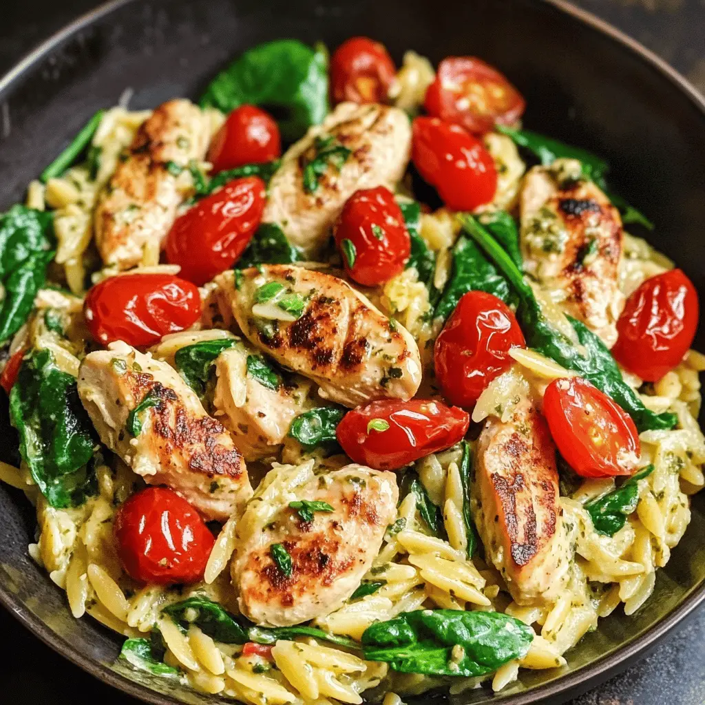 This Creamy Chicken Orzo is a delightful one-pot meal featuring tender chicken, fresh spinach, vibrant cherry tomatoes, and flavorful basil pesto. It’s perfect for busy weeknights or when you want a comforting dish that feels gourmet. Save this recipe to impress your family and friends with a delicious dinner option!