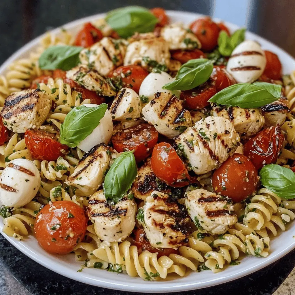 Brighten up your meal with this Layered Grilled Chicken Caprese Pasta Salad! Fresh tomatoes, creamy mozzarella, and basil come together with tender grilled chicken and zesty dressing to create a perfect dish for picnics or weeknight dinners. Save this recipe for a colorful, satisfying salad that's sure to impress your guests!