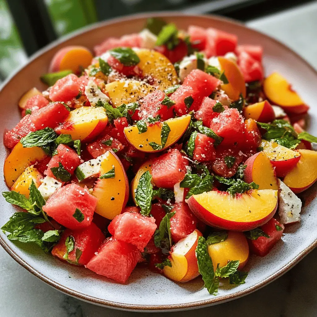 Fresh and fruity, this Peach Watermelon Salad is a summer favorite that combines juicy peaches and refreshing watermelon for a deliciously light dish. Perfect for picnics, barbecues, or simply as a colorful side at dinner. Ready to impress your guests? Save this quick and easy recipe now for a vibrant addition to your next meal! Enjoy the sweetness of summer in every bite!