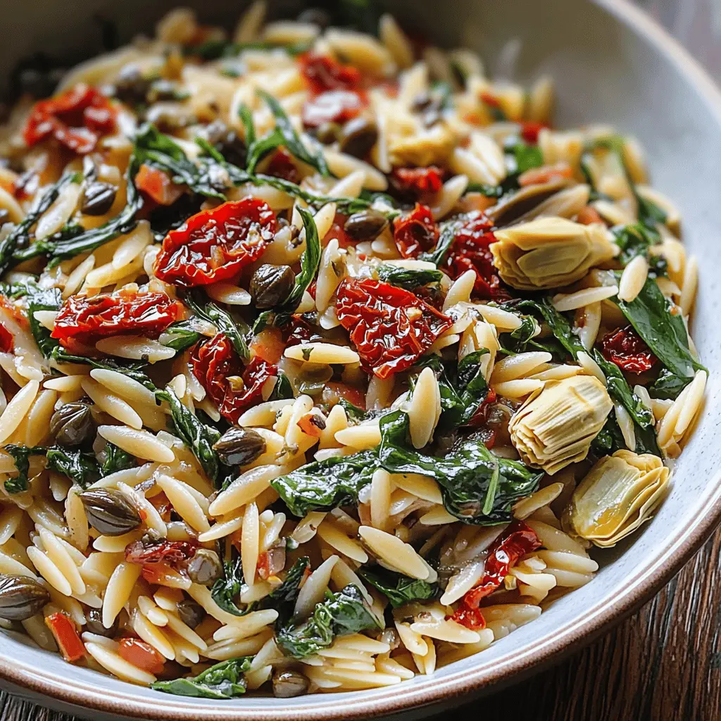 Looking for a fresh dish that’s bursting with flavor? This Spinach Orzo with Sun-dried Tomatoes, Artichokes, and Capers is a delightful blend of ingredients that brings excitement to your meals. Perfect for cozy dinners or as a vibrant side for gatherings. Save this recipe for quick and delicious weeknight dinners!