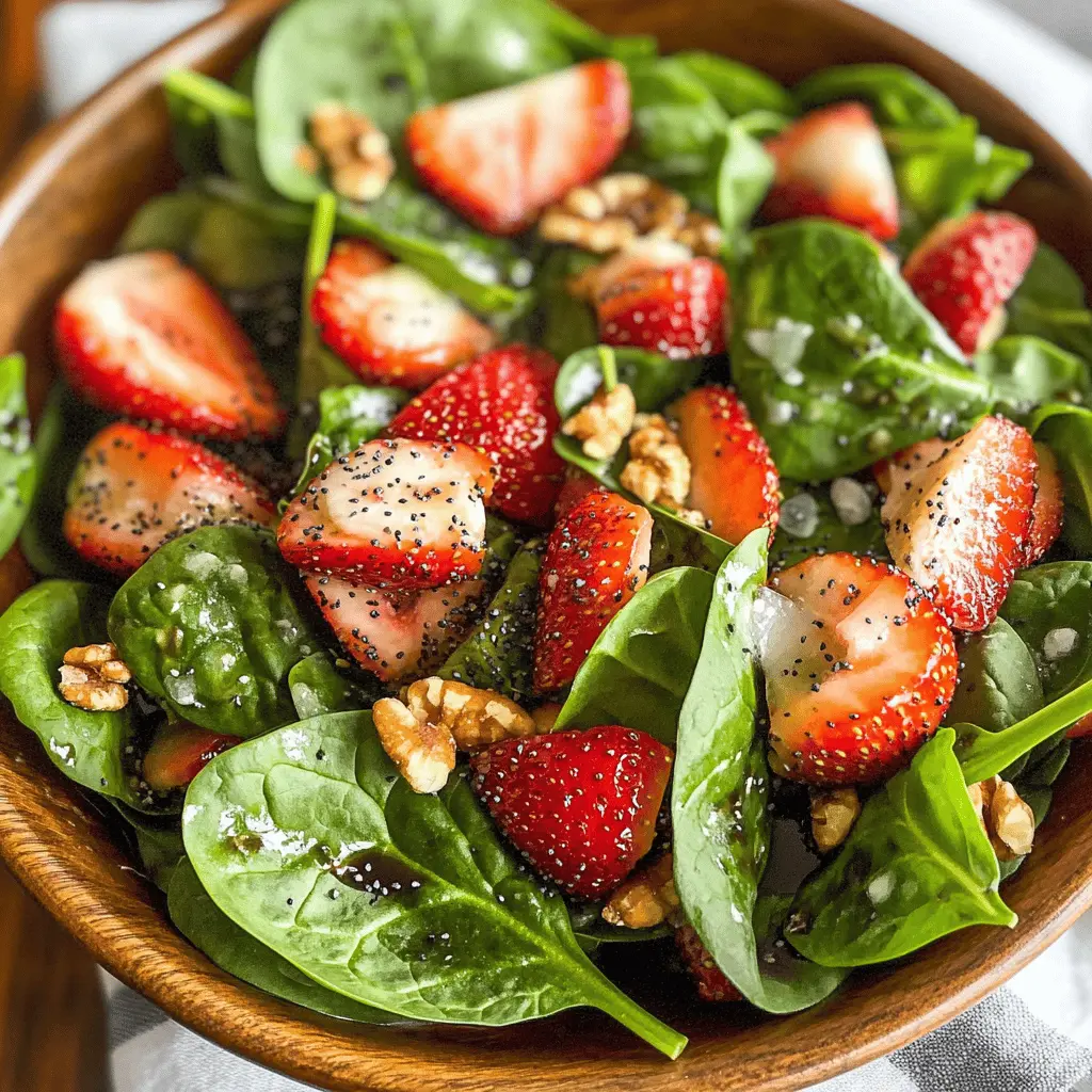 Brighten your meal with this refreshing Spinach Strawberry Salad topped with a delicious balsamic poppy seed dressing. Packed with the sweetness of ripe strawberries and the crunch of fresh spinach, this salad is perfect for summer gatherings or a light lunch. Save this recipe for a tasty side dish or a healthy main course!
