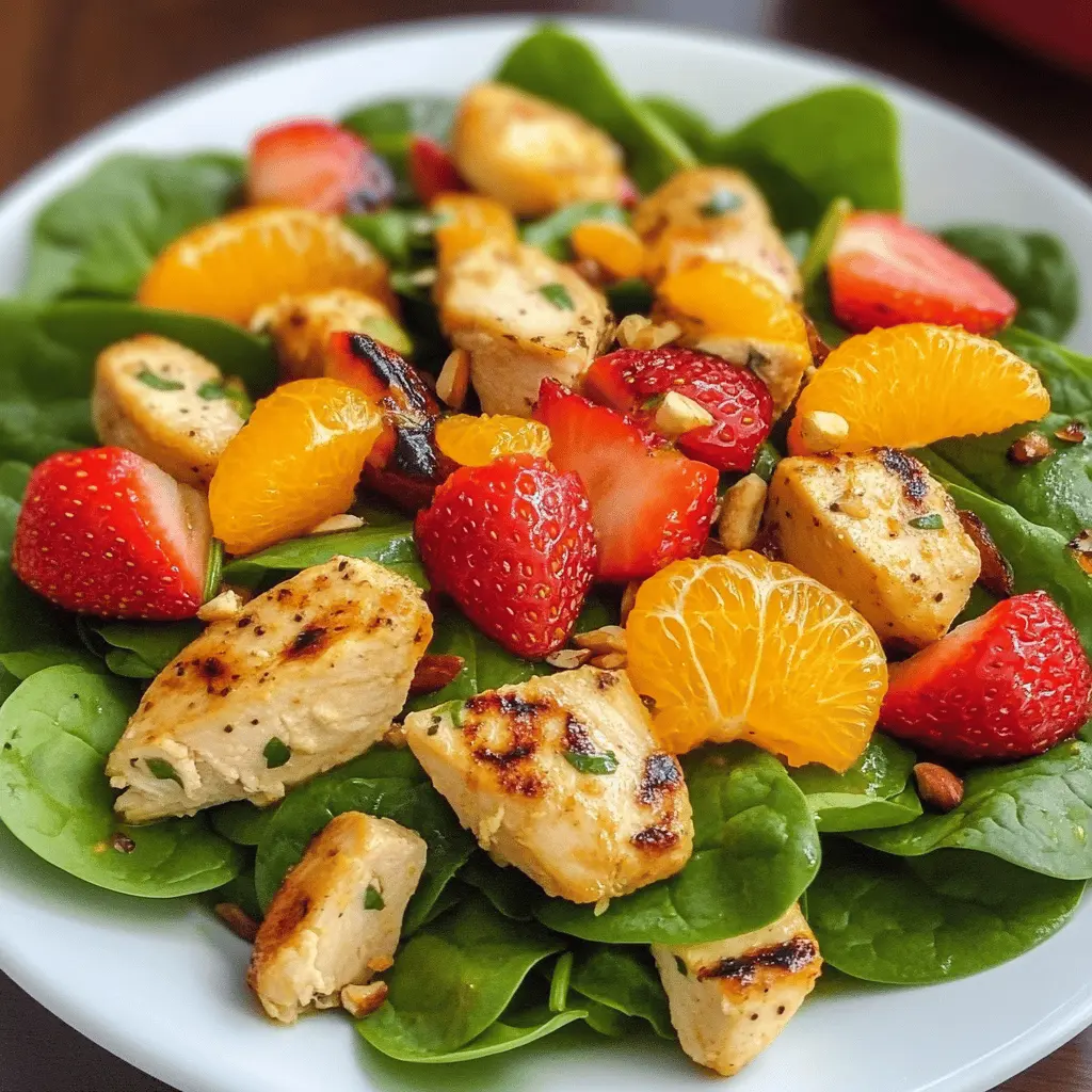 Brighten up your meal with this delicious Strawberry Orange Spinach Salad with Chicken! Packed with fresh spinach, juicy strawberries, zesty oranges, and tender grilled chicken, this salad is a perfect balance of flavors. It's a refreshing choice for lunch or a light dinner. Save this recipe for your next gathering or a healthy weeknight meal!