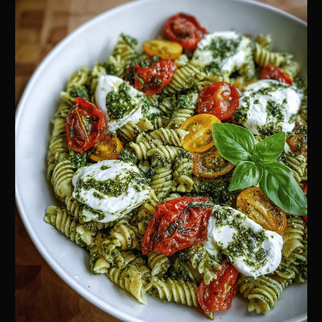 Creamy Pesto Pasta with Roasted Tomatoes and Burrata