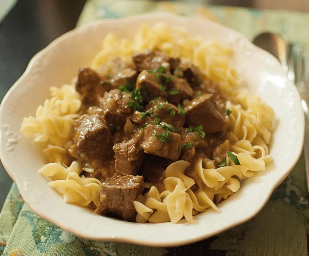 Easy Crockpot Beef Tips with Tender Noodles