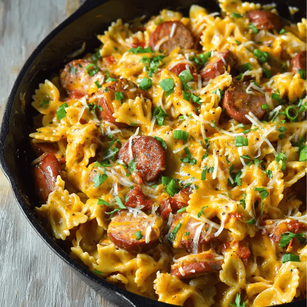 One Pot Cheesy Smoked Sausage Pasta Dinner