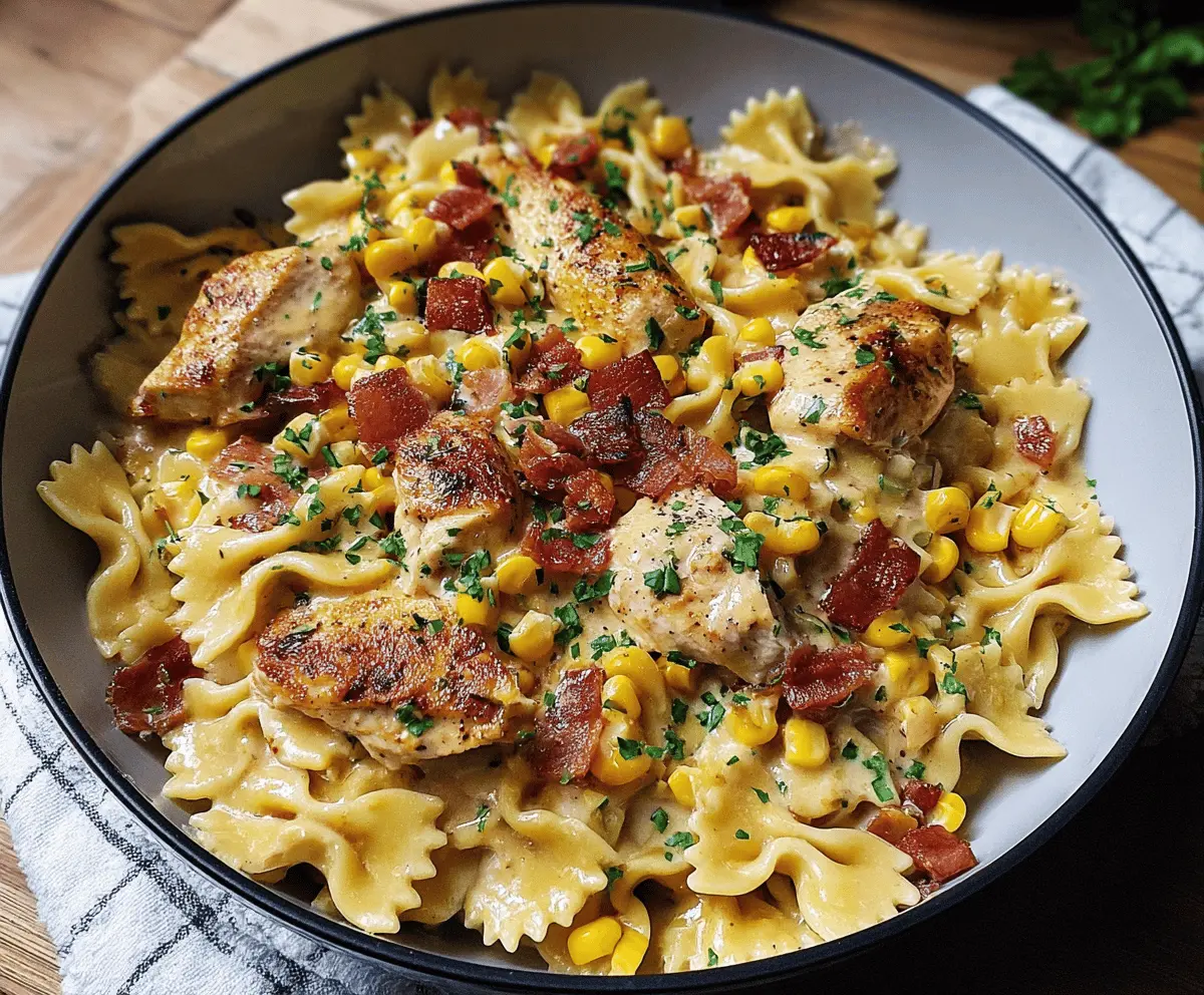 Creamy Chicken Corn Pasta with Crispy Bacon