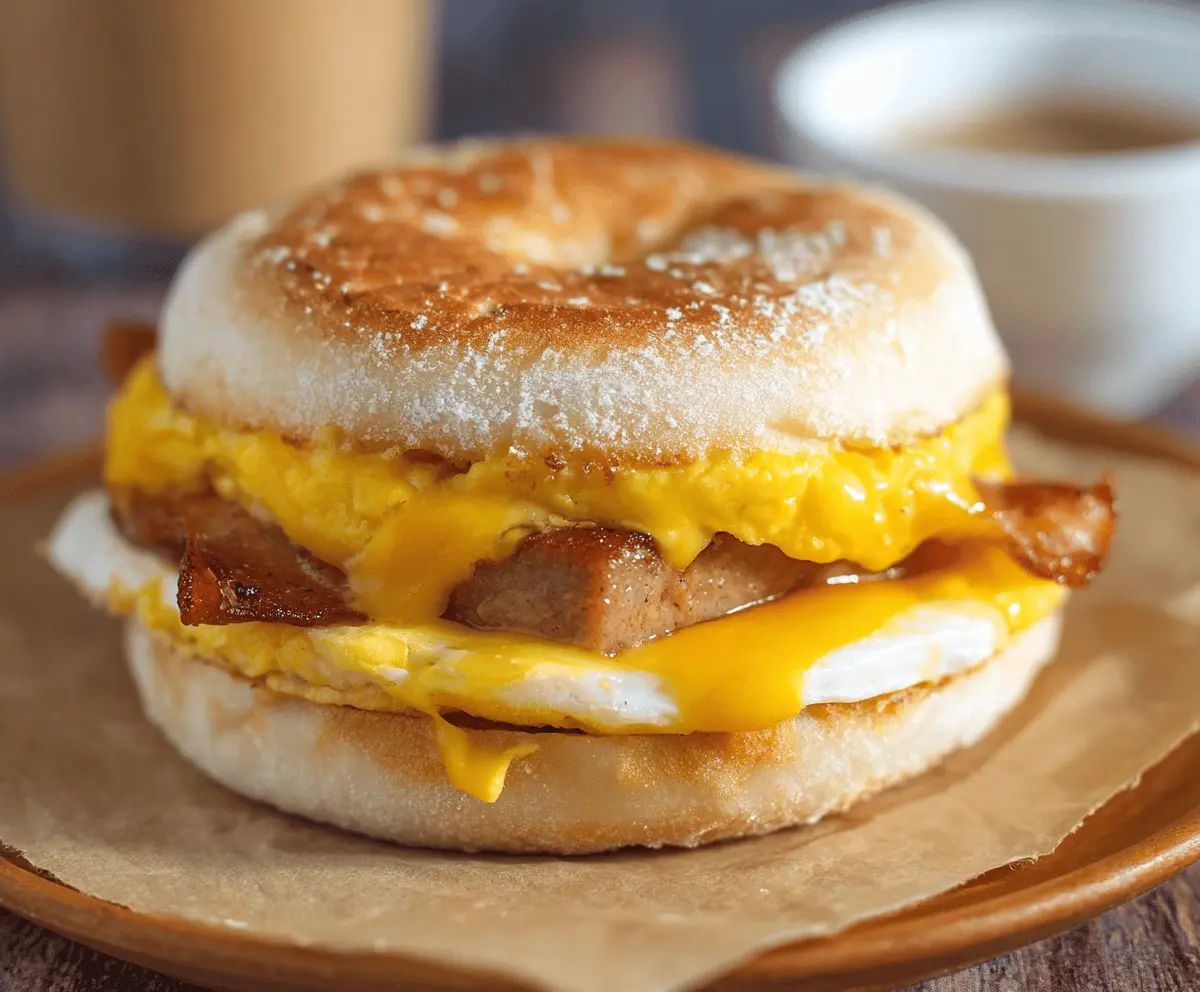 Delicious Air Fryer Jimmy Dean Breakfast Sandwich with eggs, sausage, and cheese served on toasted bun