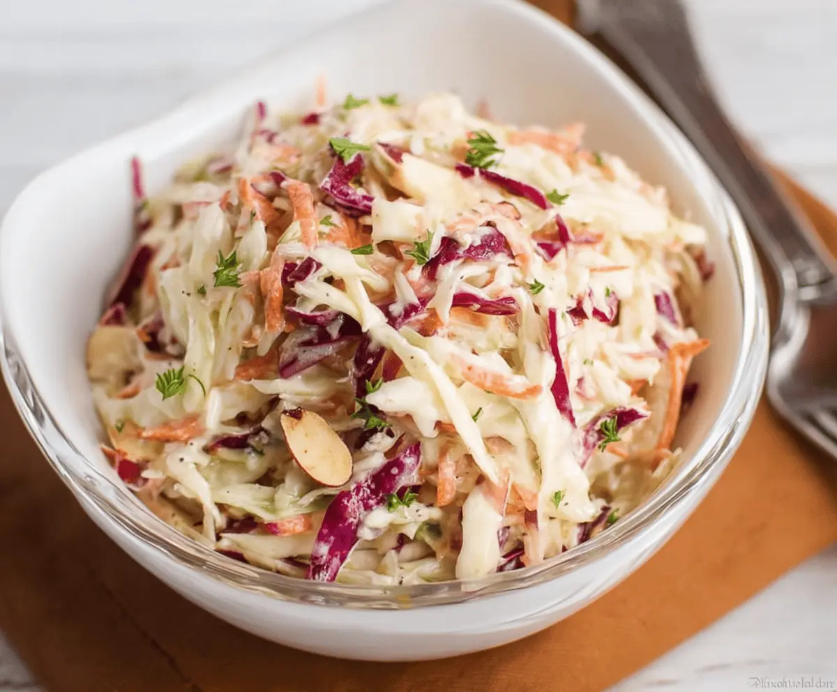 Fresh Apple Slaw with shredded apples, carrots, and cabbage topped with sesame seeds in a glass bowl