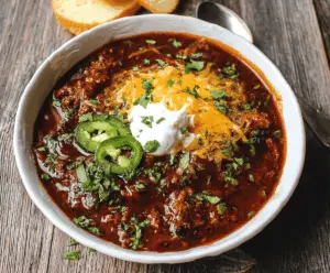 A steaming bowl of hearty beef chili topped with shredded cheese and fresh cilantro, perfect for cozy nights
