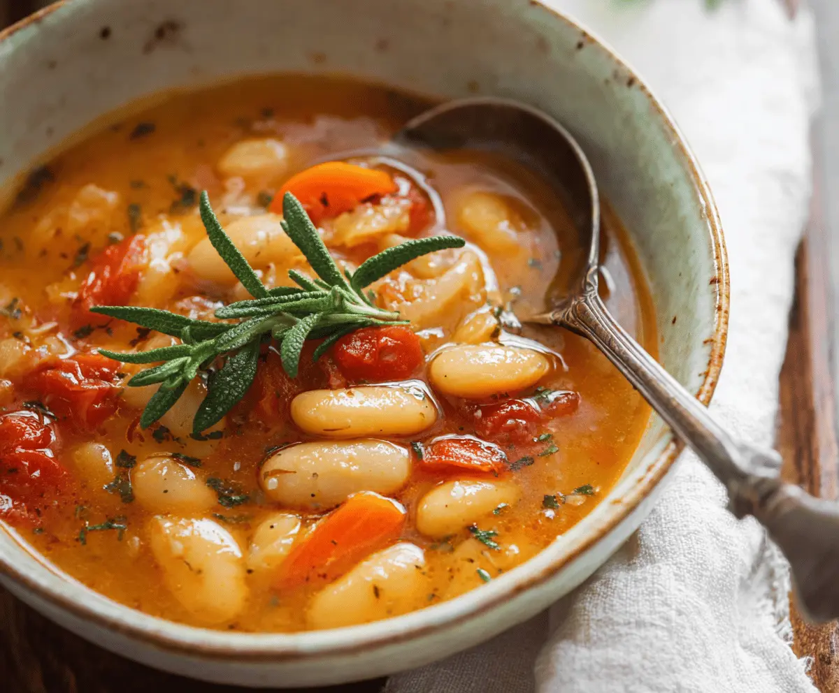 A steaming bowl of creamy cannellini bean soup garnished with fresh herbs, served with crusty bread on the side.