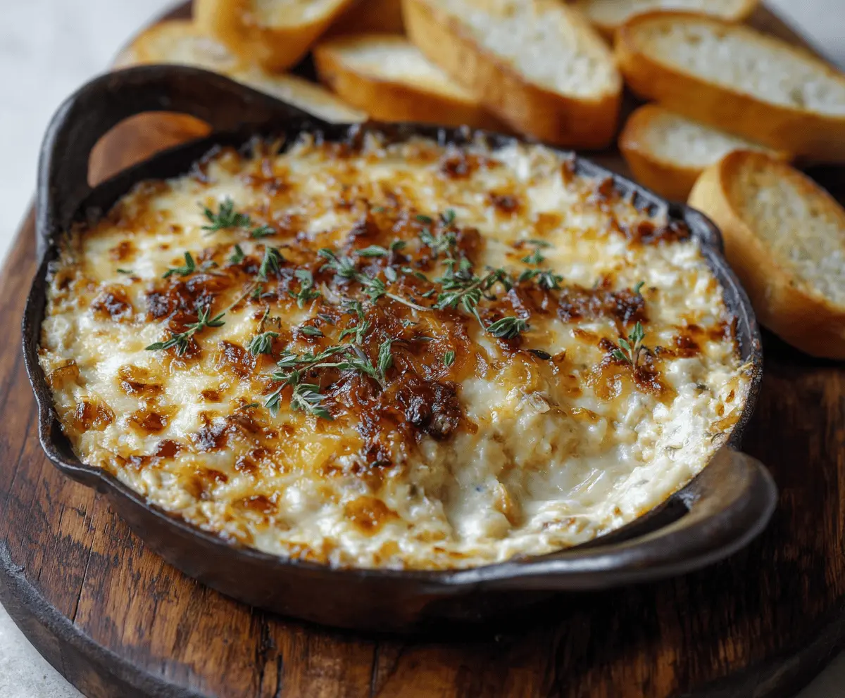 Creamy caramelized onion and Gruyere cheese dip served in a bowl, perfect for appetizer or snack