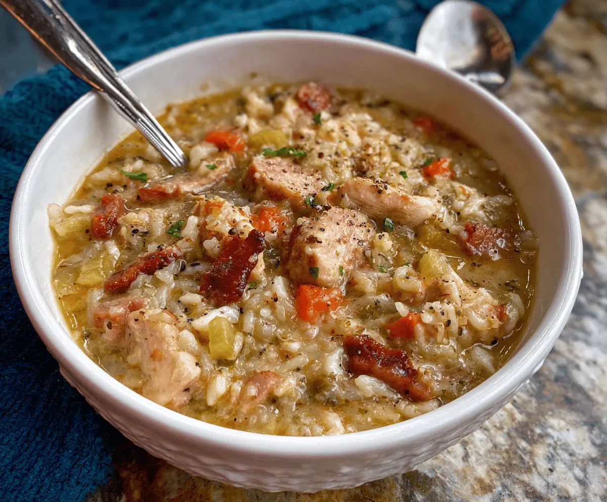 Delicious homemade Chicken Bog recipe featuring tender chicken, smoky sausage, flavorful rice, and fresh herbs in a hearty Southern-style dish