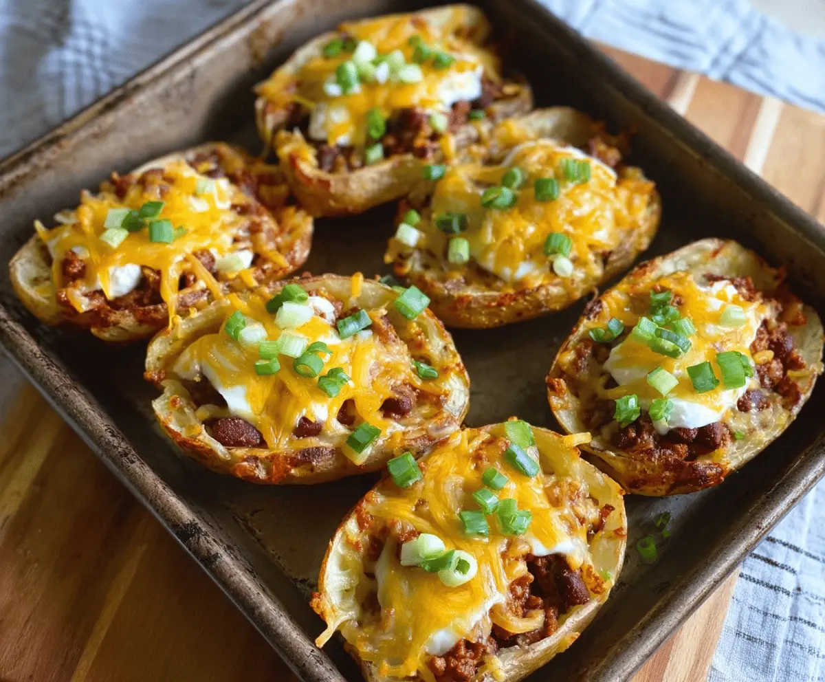 Delicious chili cheese tater skins topped with melted cheese, fresh herbs, and crispy bacon for a flavorful appetizer or snack.