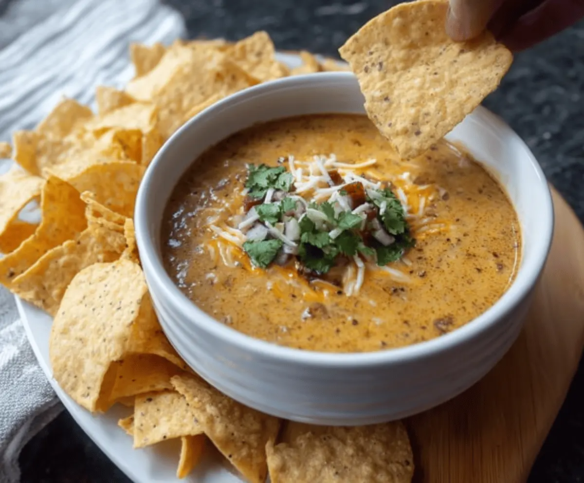 Creamy and spicy chili con queso dip served with tortilla chips, perfect for parties and game day snacks.