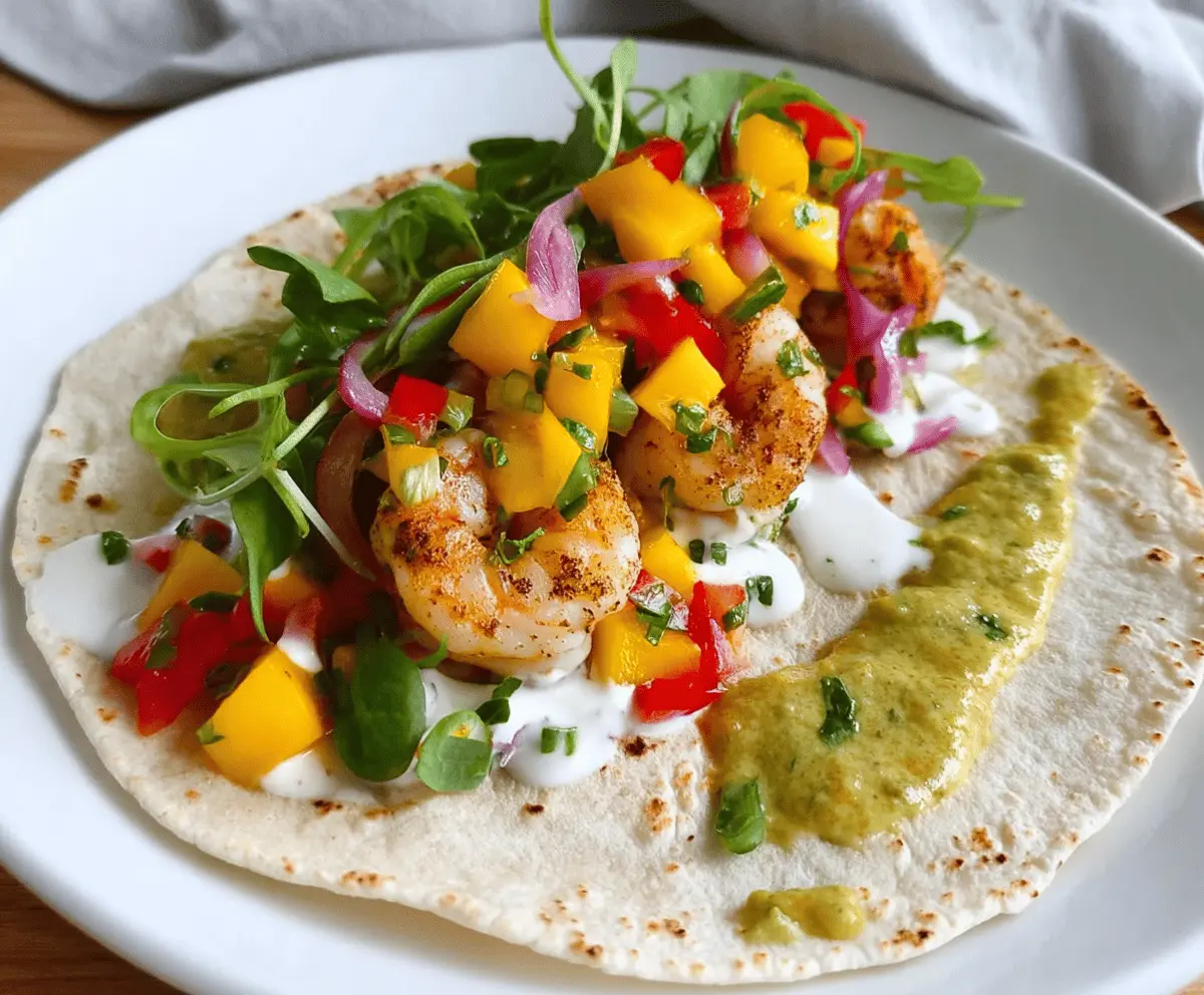 Delicious chili lime shrimp tacos topped with fresh mango salsa and cilantro on a plate.