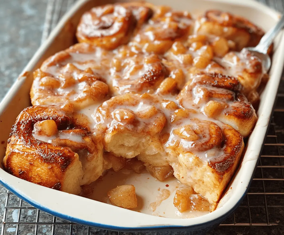 Delicious cinnamon rolls topped with creamy icing and a bowl of homemade apple pie filling with sliced apples and cinnamon spices