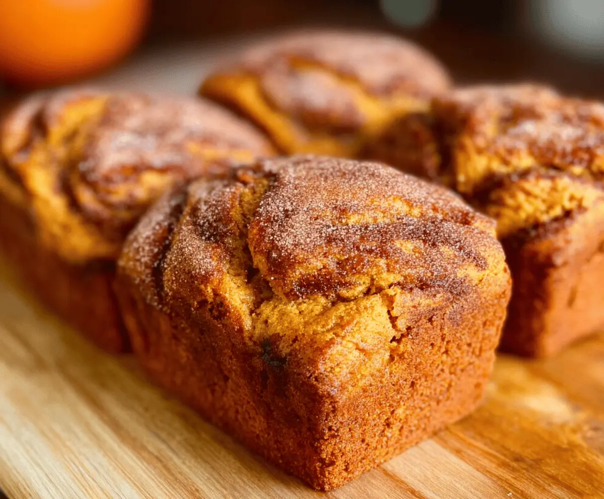 Mini loaves of cinnamon swirl pumpkin bread with a golden crust and swirl of cinnamon and pumpkin filling, perfect for fall baking