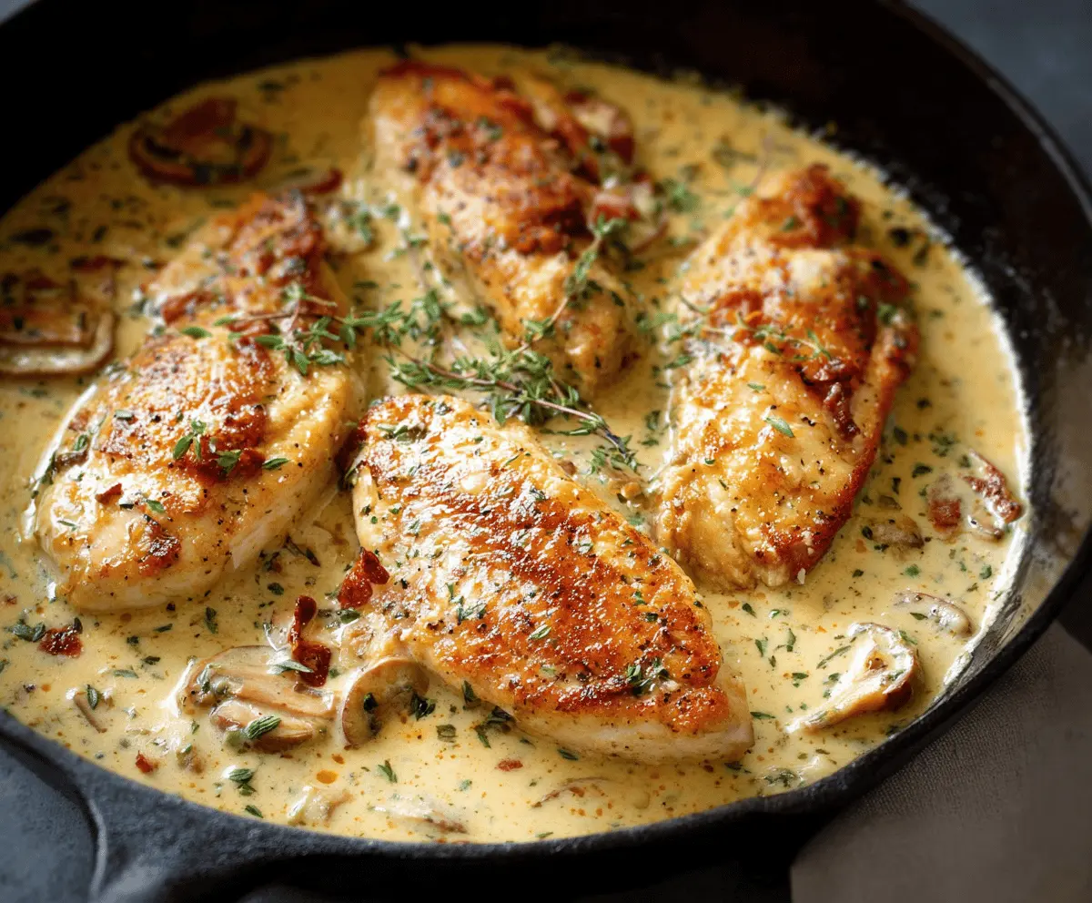 Creamy French-style chicken served with fresh herbs and vegetables, featuring a rich, smooth sauce and tender cooked chicken breast.