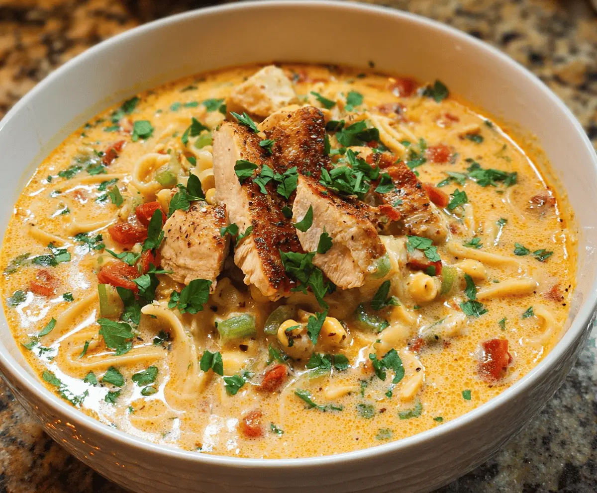 Creamy Parmesan Cajun Chicken Pasta Soup with tender chicken, pasta, and a spicy Cajun seasoning in a rich, cheesy broth