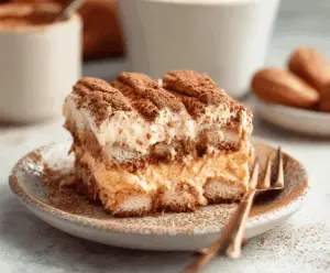 Delicious creamy pumpkin tiramisu layered with mascarpone cheese and pumpkin-flavored mascarpone, topped with cocoa powder and garnished with a pumpkin spice sprinkle.