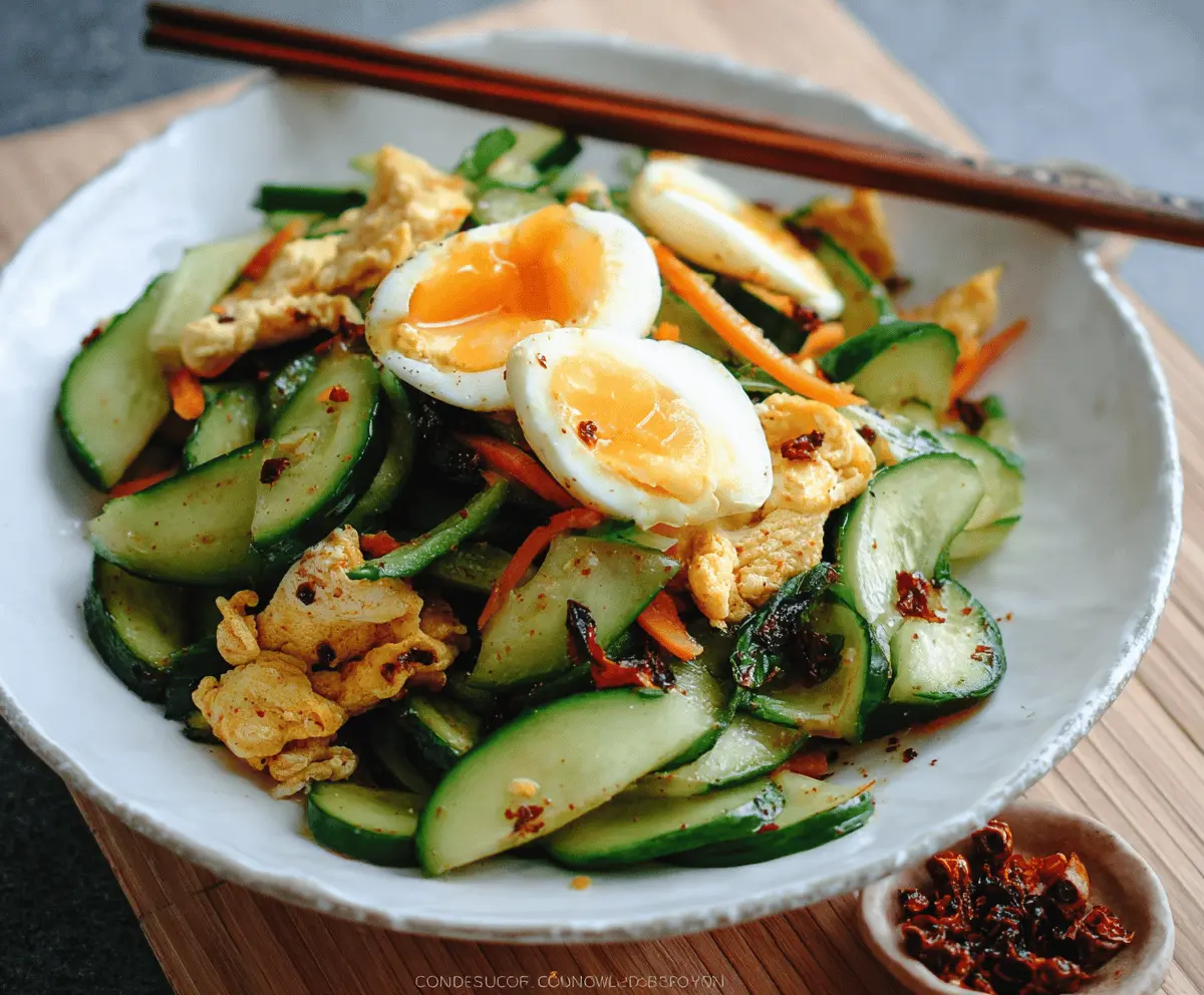 Colorful cucumber and scrambled egg stir-fry in a white bowl, highlighting a healthy and easy vegetable egg recipe