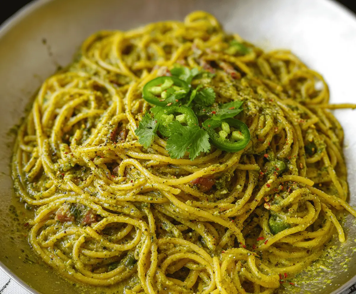 A plate of flavorful spaghetti verde topped with fresh basil and grated cheese, served with a side of garlic bread on a rustic wooden table.