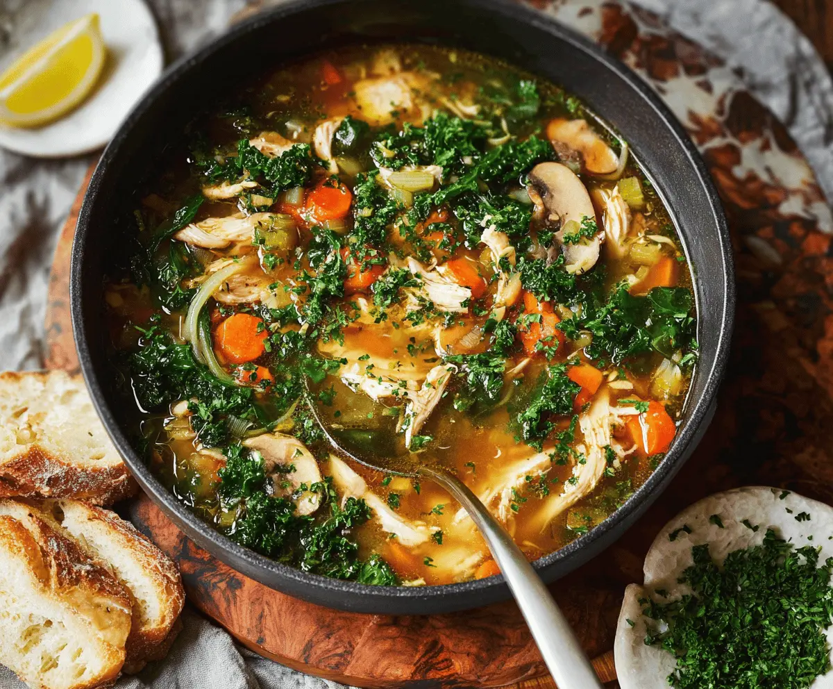 Healthy detox chicken soup with fresh vegetables and herbs, perfect for cleansing and nourishing your body.