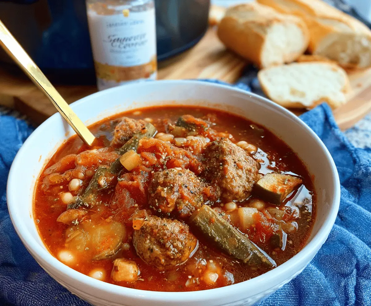 Delicious Easy Slow Cooker Mediterranean Meatball Minestrone Stew in a bowl with fresh herbs and vegetables