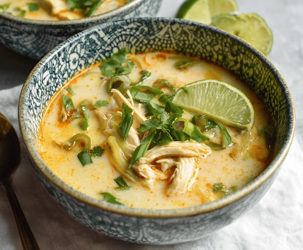 Delicious and comforting bowl of Easy Thai Chicken Soup with fresh herbs, vegetables, and flavorful broth ready to serve.