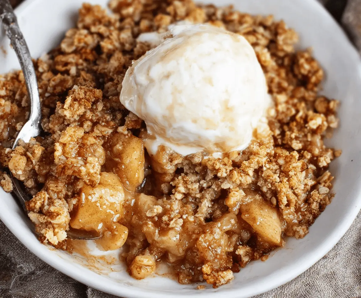 Delicious gluten-free apple crisp topped with crispy oats and cinnamon, served in a rustic baking dish.