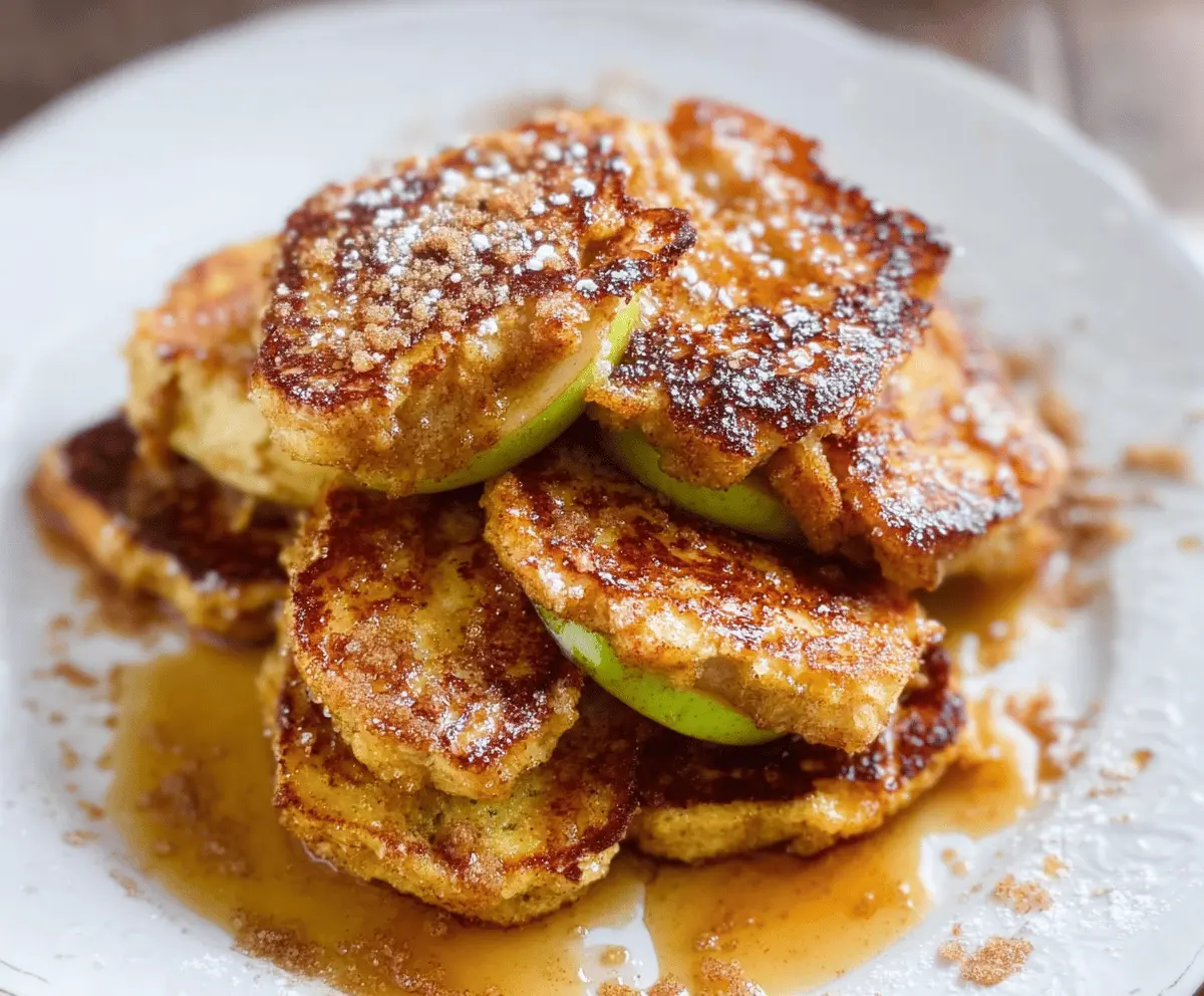 Delicious and healthy apple French toast topped with fresh sliced apples and a sprinkle of cinnamon on a white plate.