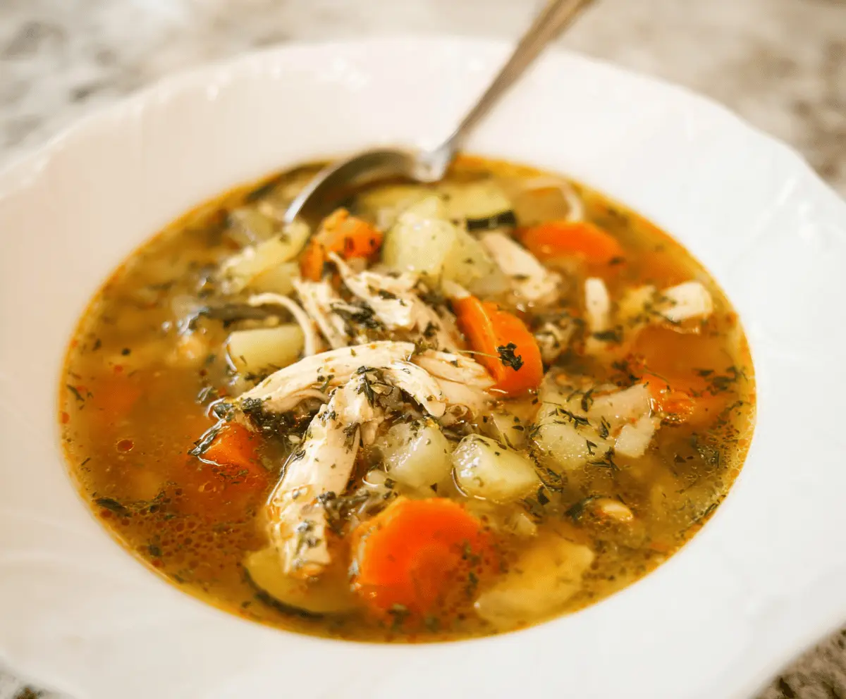 A steaming bowl of homemade anti-inflammatory chicken soup with vegetables, herbs, and tender chicken pieces, perfect for boosting immunity and reducing inflammation.