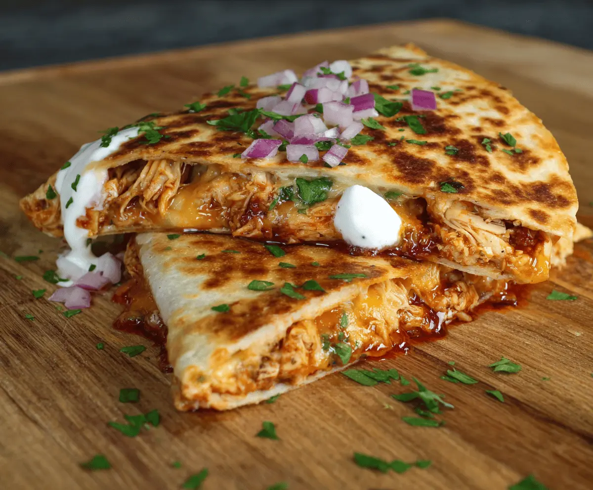 Delicious hot honey BBQ chicken quesadillas with melted cheese and crispy tortillas on a plate, perfect for a flavorful meal.