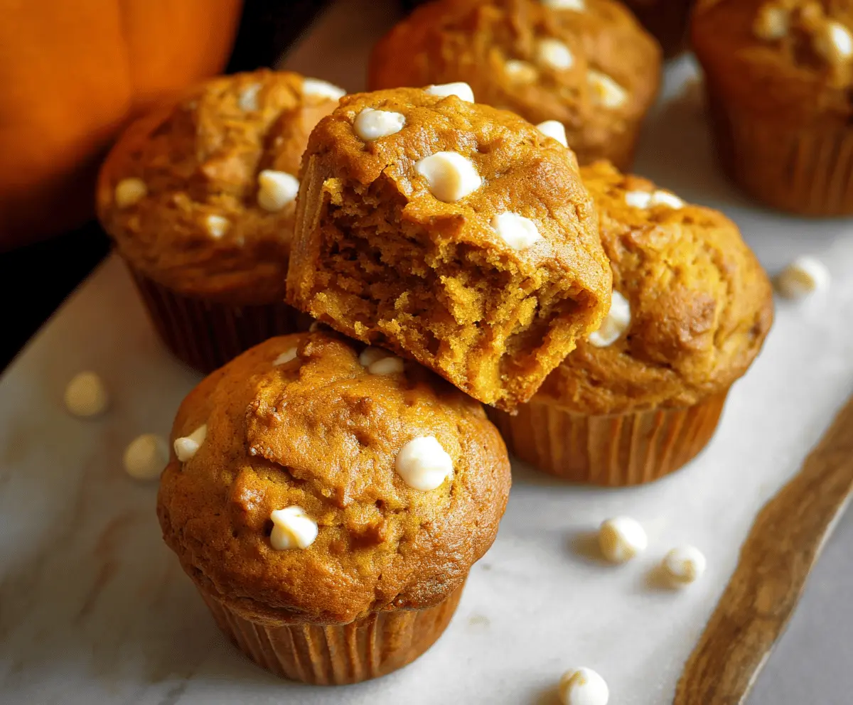 Delicious moist pumpkin white chocolate chip muffins topped with a sprinkle of white chocolate chips on a baking tray