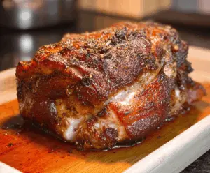 Juicy oven-roasted pork butt seasoned with herbs and spices, served fresh on a plate with crispy crust and flavorful juices.