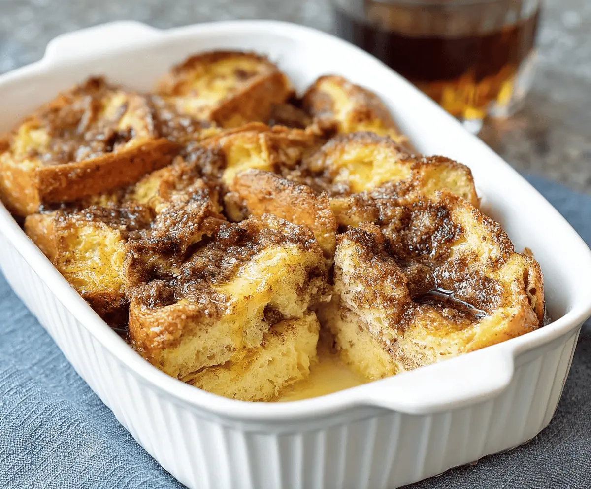 Delicious Overnight French Toast Casserole Bake topped with fresh berries and powdered sugar, ready to serve for breakfast or brunch.