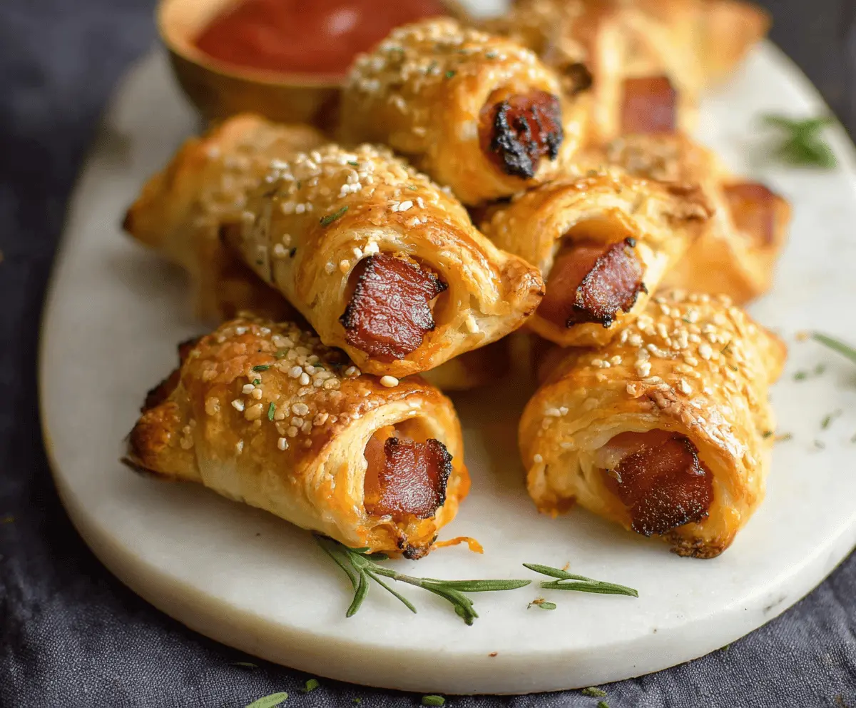 Golden puff pastry pigs in a blanket served with dipping sauces on a rustic plate, perfect for appetizer or party snack.