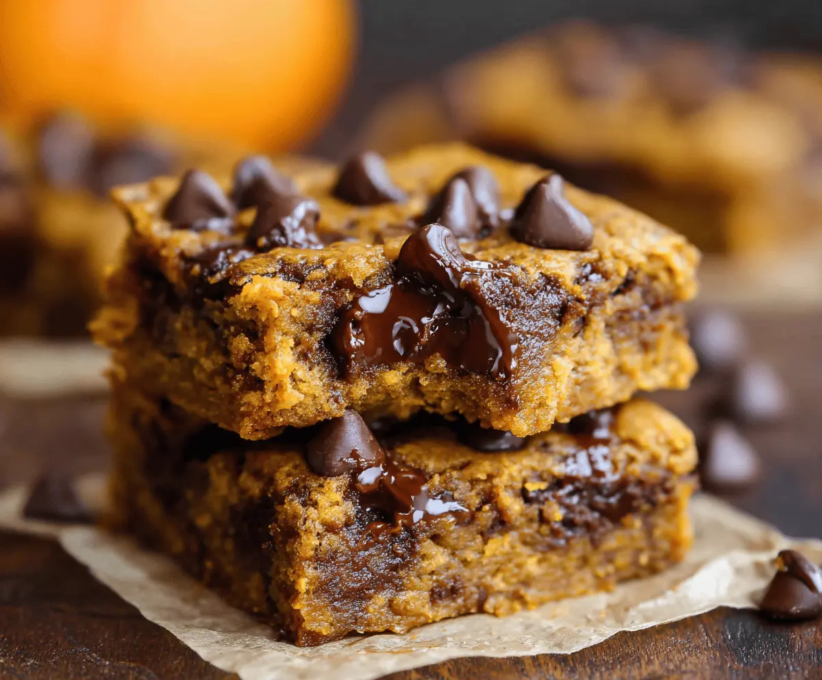 Delicious pumpkin chocolate chip bars with a golden crust, topped with melted chocolate chips and a sprinkle of cinnamon, perfect for fall desserts.