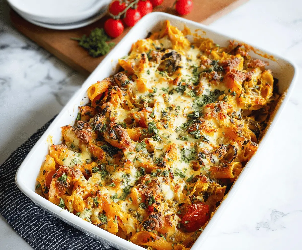 Creamy pumpkin ricotta pasta bake topped with melted cheese and fresh herbs, ready to serve.
