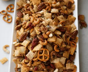 A bowl of homemade Pumpkin Spice Chex Mix with crunchy cereal, pretzels, and candy coated pumpkins, perfect for fall snacking