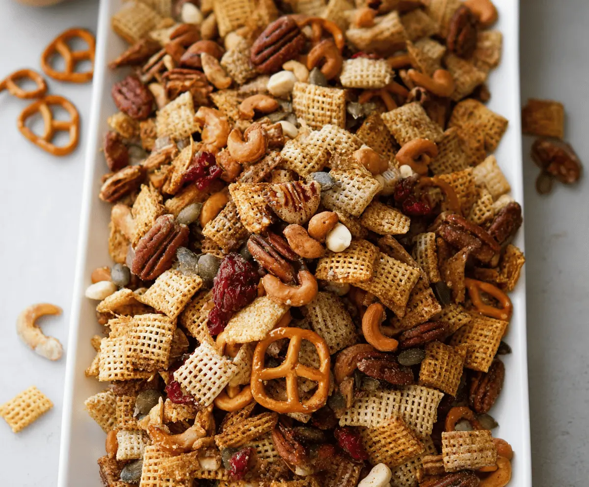 A bowl of homemade Pumpkin Spice Chex Mix with crunchy cereal, pretzels, and candy coated pumpkins, perfect for fall snacking