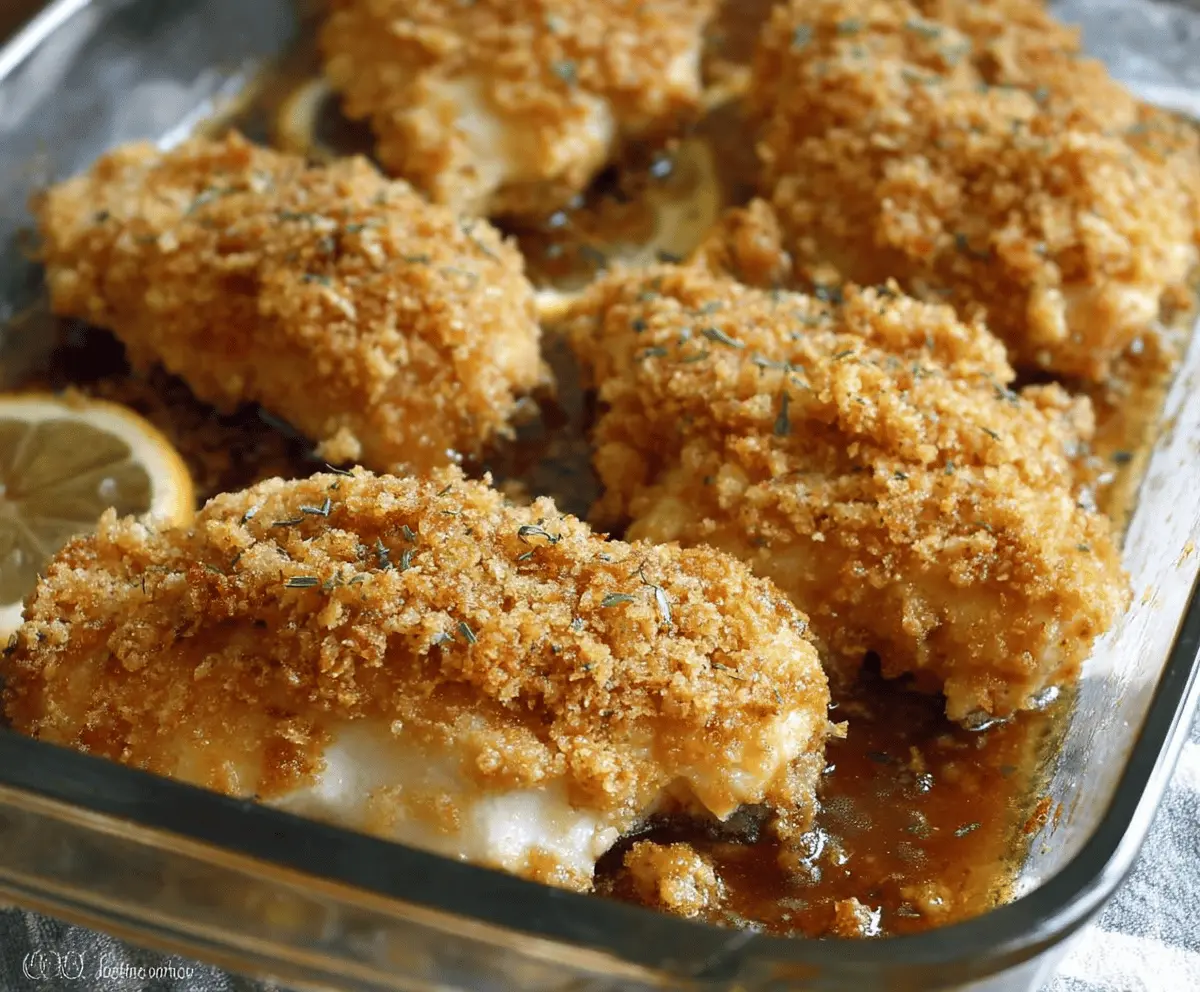 Golden baked Ritz Cracker Chicken breasts garnished with fresh herbs, served on a white plate, perfect for a crispy and flavorful dinner recipe.