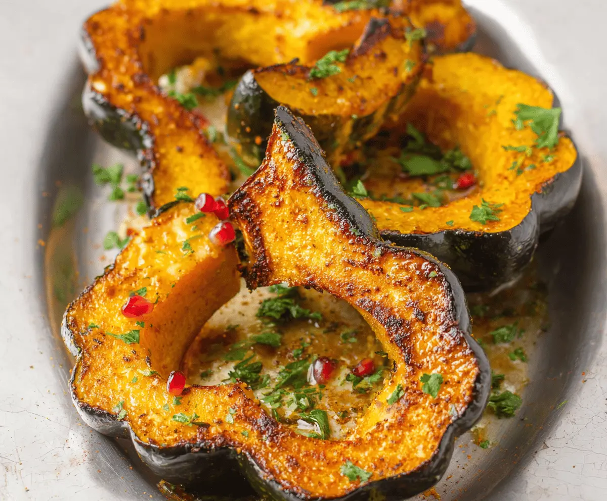 Golden roasted acorn squash halves garnished with fresh herbs on a rustic wooden cutting board, perfect for a healthy fall meal.