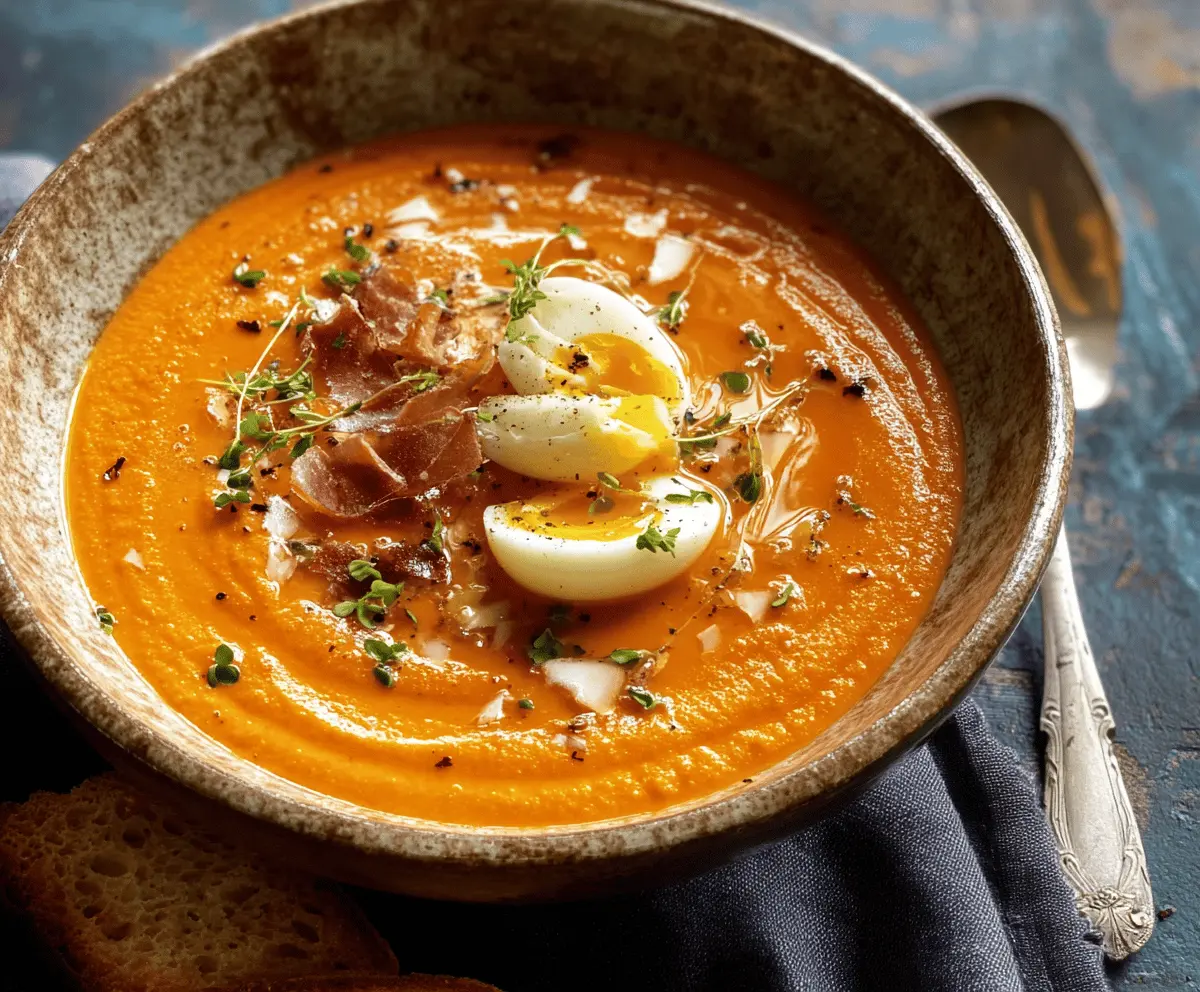 Creamy Salmorejo Spanish cold tomato soup served in a bowl with fresh garnishes and crusty bread on the side.