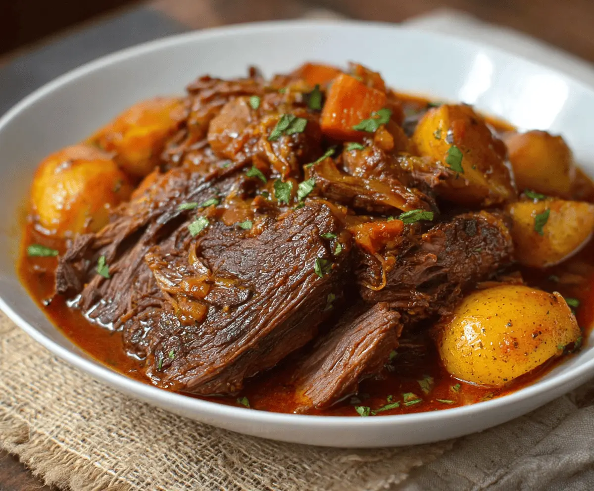 Tender slow cooker Caribbean pot roast with colorful vegetables and flavorful spices, perfect for a comforting meal