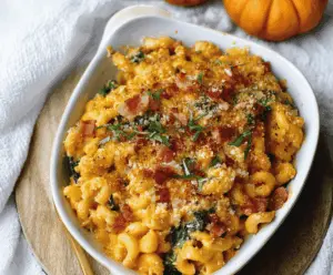 Creamy spinach, crispy bacon, and roasted pumpkin blended into a delicious homemade mac and cheese dish