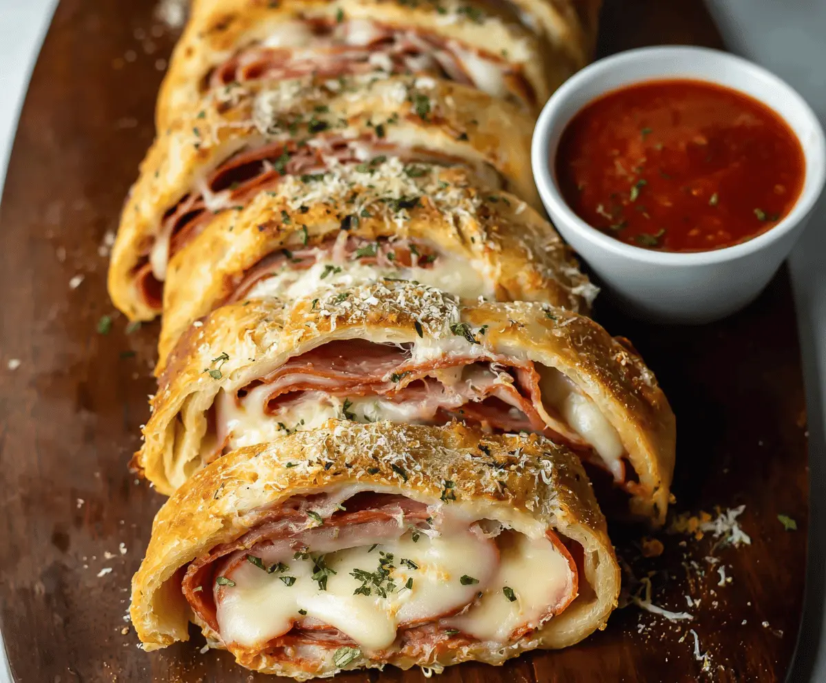 Delicious homemade stromboli recipe featuring melted cheese, pepperoni, and fresh ingredients rolled in a golden crust.