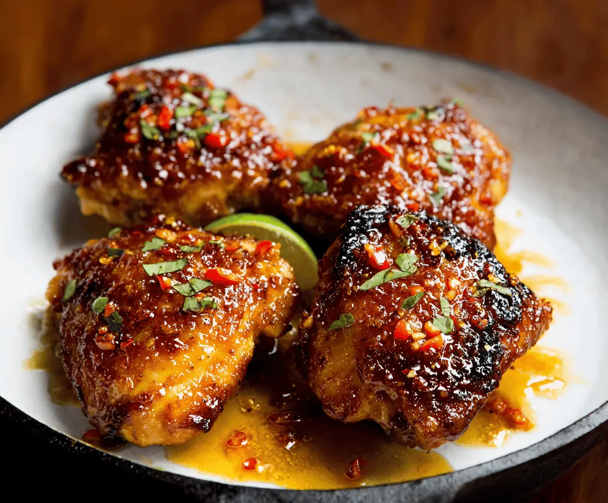 Juicy grilled chicken glazed with sweet and spicy chili sauce, garnished with fresh herbs on a white plate.
