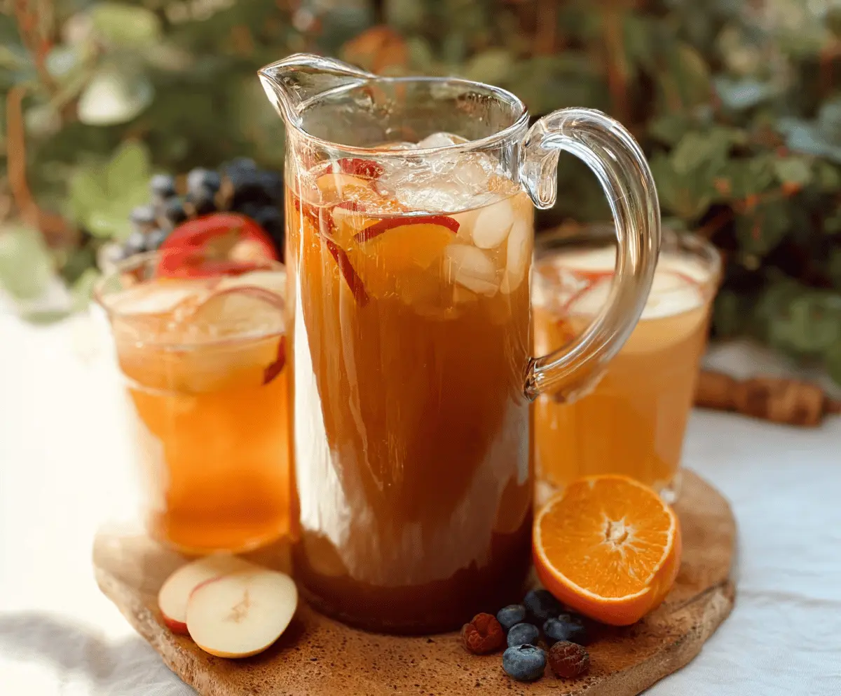 Refreshing Sweet Tea Harvest Punch in a glass pitcher with fresh fruit garnishes, perfect for summer gatherings